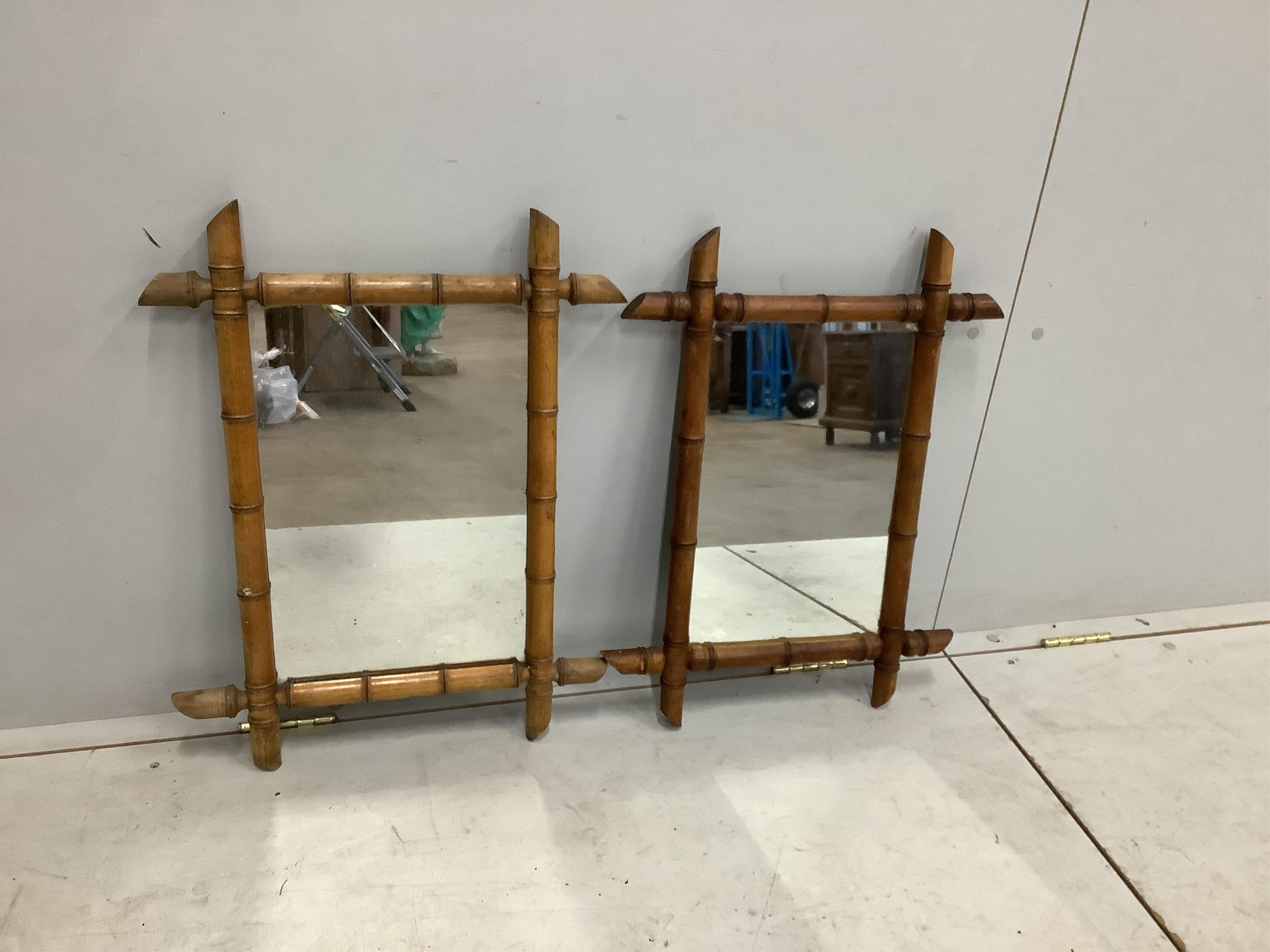 Two early 19th century French rectangular faux bamboo wall mirrors, larger width 48cm, height 62cm. Condition - fair